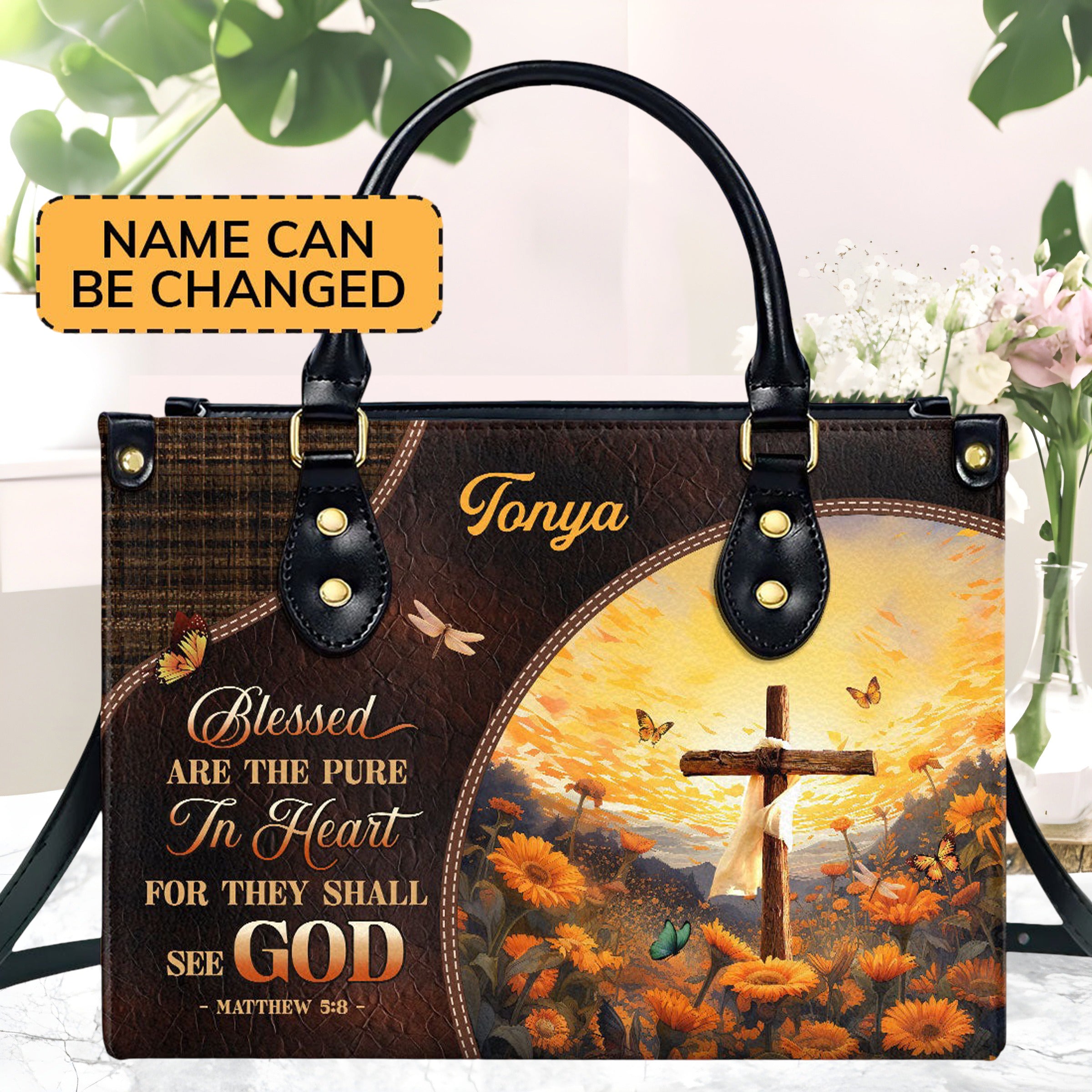 Personalized Christian Leather Handbag, Blessed Are the Pure in Heart Purse Matthew 5:8, Religious Gift for Christian Women BLAF43
